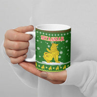 Myanmar Christmas Ceramic Mug with Green-Gold Theme, Chinthe Lion, and Santa Motif - Wonder Print Shop