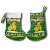 Myanmar Christmas Stocking with Green-Gold Theme, Chinthe Lion, and Santa Motif - Wonder Print Shop