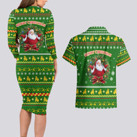 Myanmar Christmas Couples Matching Long Sleeve Bodycon Dress and Hawaiian Shirt with Green-Gold Theme, Chinthe Lion, and Santa Motif - Wonder Print Shop