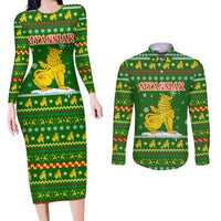 Myanmar Christmas Couples Matching Long Sleeve Bodycon Dress and Long Sleeve Button Shirt with Green-Gold Theme, Chinthe Lion, and Santa Motif - Wonder Print Shop