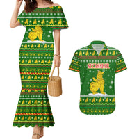 Myanmar Christmas Couples Matching Mermaid Dress and Hawaiian Shirt with Green-Gold Theme, Chinthe Lion, and Santa Motif - Wonder Print Shop