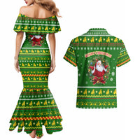 Myanmar Christmas Couples Matching Mermaid Dress and Hawaiian Shirt with Green-Gold Theme, Chinthe Lion, and Santa Motif - Wonder Print Shop