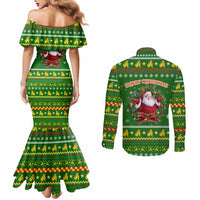 Myanmar Christmas Couples Matching Mermaid Dress and Long Sleeve Button Shirt with Green-Gold Theme, Chinthe Lion, and Santa Motif - Wonder Print Shop
