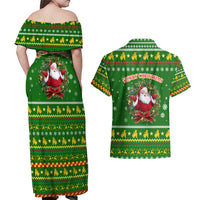 Myanmar Christmas Couples Matching Off Shoulder Maxi Dress and Hawaiian Shirt with Green-Gold Theme, Chinthe Lion, and Santa Motif - Wonder Print Shop