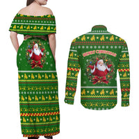 Myanmar Christmas Couples Matching Off Shoulder Maxi Dress and Long Sleeve Button Shirt with Green-Gold Theme, Chinthe Lion, and Santa Motif - Wonder Print Shop