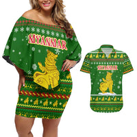 Myanmar Christmas Couples Matching Off Shoulder Short Dress and Hawaiian Shirt with Green-Gold Theme, Chinthe Lion, and Santa Motif - Wonder Print Shop