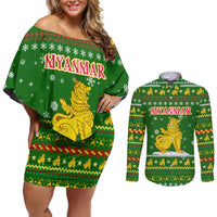 Myanmar Christmas Couples Matching Off Shoulder Short Dress and Long Sleeve Button Shirt with Green-Gold Theme, Chinthe Lion, and Santa Motif - Wonder Print Shop