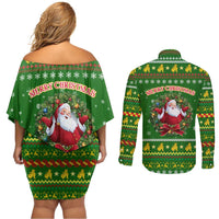 Myanmar Christmas Couples Matching Off Shoulder Short Dress and Long Sleeve Button Shirt with Green-Gold Theme, Chinthe Lion, and Santa Motif - Wonder Print Shop