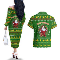 Myanmar Christmas Couples Matching Off The Shoulder Long Sleeve Dress and Hawaiian Shirt with Green-Gold Theme, Chinthe Lion, and Santa Motif - Wonder Print Shop