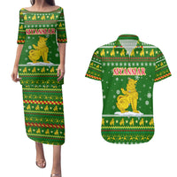 Myanmar Christmas Couples Matching Puletasi and Hawaiian Shirt with Green-Gold Theme, Chinthe Lion, and Santa Motif - Wonder Print Shop