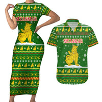 Myanmar Christmas Couples Matching Short Sleeve Bodycon Dress and Hawaiian Shirt with Green-Gold Theme, Chinthe Lion, and Santa Motif - Wonder Print Shop