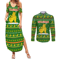 Myanmar Christmas Couples Matching Summer Maxi Dress and Long Sleeve Button Shirt with Green-Gold Theme, Chinthe Lion, and Santa Motif - Wonder Print Shop