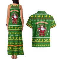 Myanmar Christmas Couples Matching Tank Maxi Dress and Hawaiian Shirt with Green-Gold Theme, Chinthe Lion, and Santa Motif - Wonder Print Shop