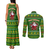 Myanmar Christmas Couples Matching Tank Maxi Dress and Long Sleeve Button Shirt with Green-Gold Theme, Chinthe Lion, and Santa Motif - Wonder Print Shop