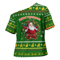 Myanmar Christmas Cross Shoulder Shirt with Green-Gold Theme, Chinthe Lion, and Santa Motif - Wonder Print Shop