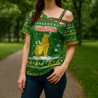 Myanmar Christmas Cross Shoulder Shirt with Green-Gold Theme, Chinthe Lion, and Santa Motif - Wonder Print Shop