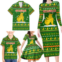 Myanmar Christmas Family Matching Long Sleeve Bodycon Dress and Hawaiian Shirt with Green-Gold Theme, Chinthe Lion, and Santa Motif - Wonder Print Shop