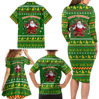 Myanmar Christmas Family Matching Long Sleeve Bodycon Dress and Hawaiian Shirt with Green-Gold Theme, Chinthe Lion, and Santa Motif - Wonder Print Shop