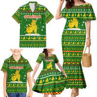 Myanmar Christmas Family Matching Mermaid Dress and Hawaiian Shirt with Green-Gold Theme, Chinthe Lion, and Santa Motif - Wonder Print Shop