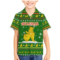 Myanmar Christmas Family Matching Mermaid Dress and Hawaiian Shirt with Green-Gold Theme, Chinthe Lion, and Santa Motif - Wonder Print Shop