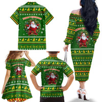 Myanmar Christmas Family Matching Off The Shoulder Long Sleeve Dress and Hawaiian Shirt with Green-Gold Theme, Chinthe Lion, and Santa Motif - Wonder Print Shop