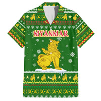 Myanmar Christmas Family Matching Off The Shoulder Long Sleeve Dress and Hawaiian Shirt with Green-Gold Theme, Chinthe Lion, and Santa Motif - Wonder Print Shop