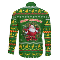 Myanmar Christmas Family Matching Off The Shoulder Long Sleeve Dress and Hawaiian Shirt with Green-Gold Theme, Chinthe Lion, and Santa Motif - Wonder Print Shop