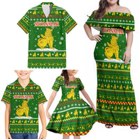 Myanmar Christmas Family Matching Off Shoulder Maxi Dress and Hawaiian Shirt with Green-Gold Theme, Chinthe Lion, and Santa Motif - Wonder Print Shop