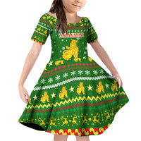 Myanmar Christmas Family Matching Off Shoulder Short Dress and Hawaiian Shirt with Green-Gold Theme, Chinthe Lion, and Santa Motif - Wonder Print Shop