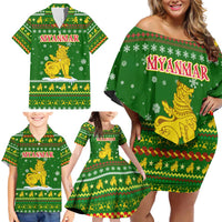Myanmar Christmas Family Matching Off Shoulder Short Dress and Hawaiian Shirt with Green-Gold Theme, Chinthe Lion, and Santa Motif - Wonder Print Shop