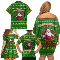 Myanmar Christmas Family Matching Off Shoulder Short Dress and Hawaiian Shirt with Green-Gold Theme, Chinthe Lion, and Santa Motif - Wonder Print Shop
