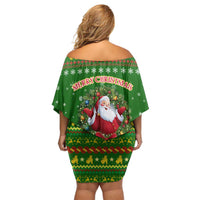 Myanmar Christmas Family Matching Off Shoulder Short Dress and Hawaiian Shirt with Green-Gold Theme, Chinthe Lion, and Santa Motif - Wonder Print Shop