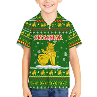 Myanmar Christmas Family Matching Off Shoulder Short Dress and Hawaiian Shirt with Green-Gold Theme, Chinthe Lion, and Santa Motif - Wonder Print Shop
