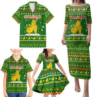 Myanmar Christmas Family Matching Puletasi and Hawaiian Shirt with Green-Gold Theme, Chinthe Lion, and Santa Motif - Wonder Print Shop