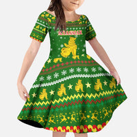 Myanmar Christmas Family Matching Short Sleeve Bodycon Dress and Hawaiian Shirt with Green-Gold Theme, Chinthe Lion, and Santa Motif - Wonder Print Shop