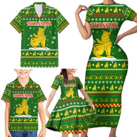 Myanmar Christmas Family Matching Short Sleeve Bodycon Dress and Hawaiian Shirt with Green-Gold Theme, Chinthe Lion, and Santa Motif - Wonder Print Shop