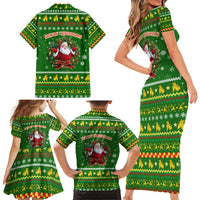 Myanmar Christmas Family Matching Short Sleeve Bodycon Dress and Hawaiian Shirt with Green-Gold Theme, Chinthe Lion, and Santa Motif - Wonder Print Shop