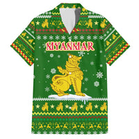 Myanmar Christmas Family Matching Short Sleeve Bodycon Dress and Hawaiian Shirt with Green-Gold Theme, Chinthe Lion, and Santa Motif - Wonder Print Shop