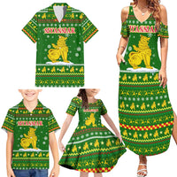Myanmar Christmas Family Matching Summer Maxi Dress and Hawaiian Shirt with Green-Gold Theme, Chinthe Lion, and Santa Motif - Wonder Print Shop
