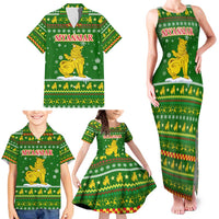 Myanmar Christmas Family Matching Tank Maxi Dress and Hawaiian Shirt with Green-Gold Theme, Chinthe Lion, and Santa Motif - Wonder Print Shop
