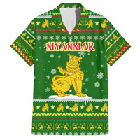 Myanmar Christmas Family Matching Tank Maxi Dress and Hawaiian Shirt with Green-Gold Theme, Chinthe Lion, and Santa Motif - Wonder Print Shop