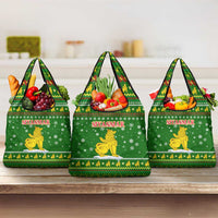 Myanmar Christmas Grocery Bag with Green-Gold Theme, Chinthe Lion, and Santa Motif - Wonder Print Shop