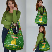 Myanmar Christmas Grocery Bag with Green-Gold Theme, Chinthe Lion, and Santa Motif - Wonder Print Shop