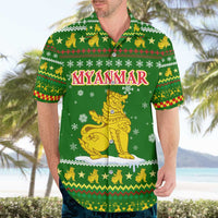 Myanmar Christmas Hawaiian Shirt with Green-Gold Theme, Chinthe Lion, and Santa Motif - Wonder Print Shop