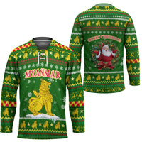Myanmar Christmas Hockey Jersey with Green-Gold Theme, Chinthe Lion, and Santa Motif - Wonder Print Shop