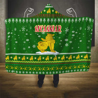 Myanmar Christmas Hooded Blanket with Green-Gold Theme, Chinthe Lion, and Santa Motif - Wonder Print Shop