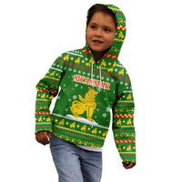 Myanmar Christmas Kid Hoodie with Green-Gold Theme, Chinthe Lion, and Santa Motif - Wonder Print Shop
