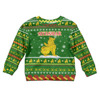Myanmar Christmas Kid Ugly Christmas Sweater with Green-Gold Theme, Chinthe Lion, and Santa Motif - Wonder Print Shop