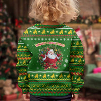 Myanmar Christmas Kid Ugly Christmas Sweater with Green-Gold Theme, Chinthe Lion, and Santa Motif - Wonder Print Shop