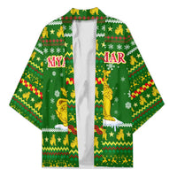 Myanmar Christmas Kimono with Green-Gold Theme, Chinthe Lion, and Santa Motif - Wonder Print Shop